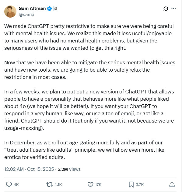 ChatGPT 将于12月解锁成人内容OpenAI 首席执行官