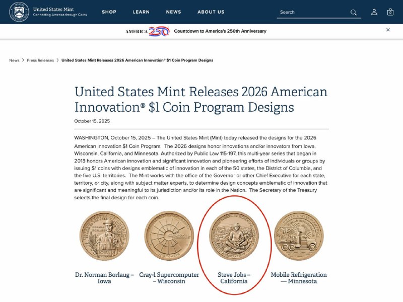 乔布斯将登上1美元硬币美国铸币局当地时间10月15日公布了2026年“美国创新”1美元纪念币的设计方案，这项始于2018年的多年期系列计划通过发行1美元纪念币，表彰美国创新成就及个人或团体的重要创新与开拓性贡献