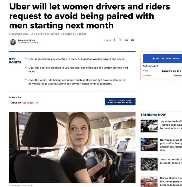 Uber将从下个月起允许女性司机和乘客请求避开男性