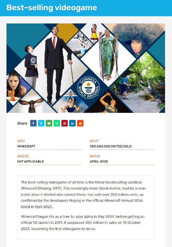 我的世界获得吉尼斯世界纪录《我的世界》全球累计销量突破3.5亿，被 吉尼斯世界纪录 官方认定为