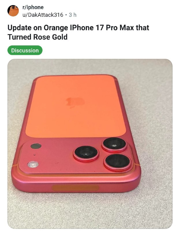 有网友的橙色iPhone17 Pro Max掉色成玫瑰金了……😧有网友的橙色iPhone17 Pro Max掉色成玫瑰金了……😧