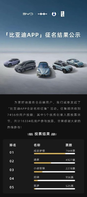 比亚迪 App 征名投票结束，其中“成就梦想”以 7648 票当选第一