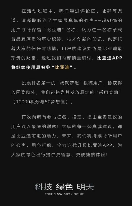比亚迪 App 征名投票结束，其中“成就梦想”以 7648 票当选第一