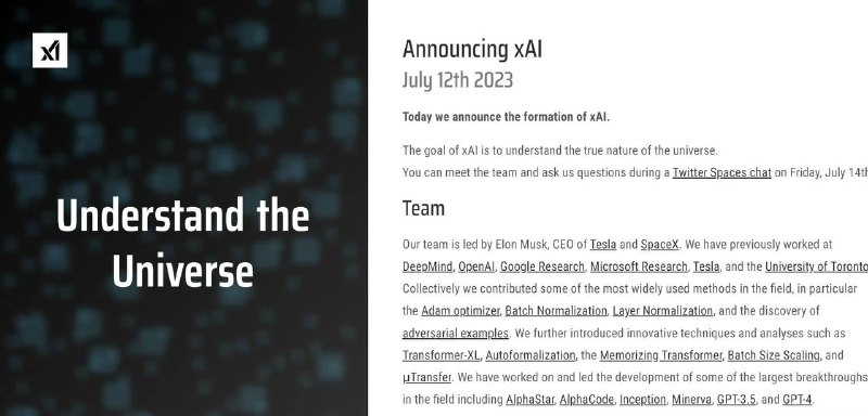 #马斯克 宣布成立人工智能公司 “xAI” ，开设官方账号和官网，目标是了解宇宙真实本质#马斯克 宣布成立人工智能公司 “xAI” ，开设官方账号和官网，目标是了解宇宙真实本质