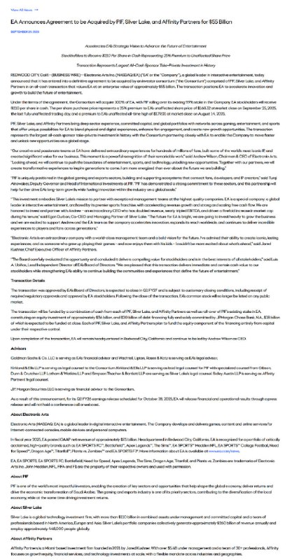 EA将被550亿美元收购EA宣布同意被 阿拉伯主权财富基金（PIF）、银湖资本、以及特朗普女婿 贾里德·库什纳 旗下投资公司 Affinity Partners 所组成的投资者财团以 550亿美元 收购，交易预计2027年第一季度完成